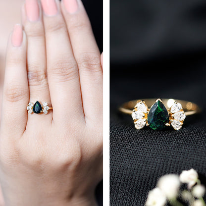 Pear Cut Black Opal Solitaire Engagement Ring with Diamond Trio