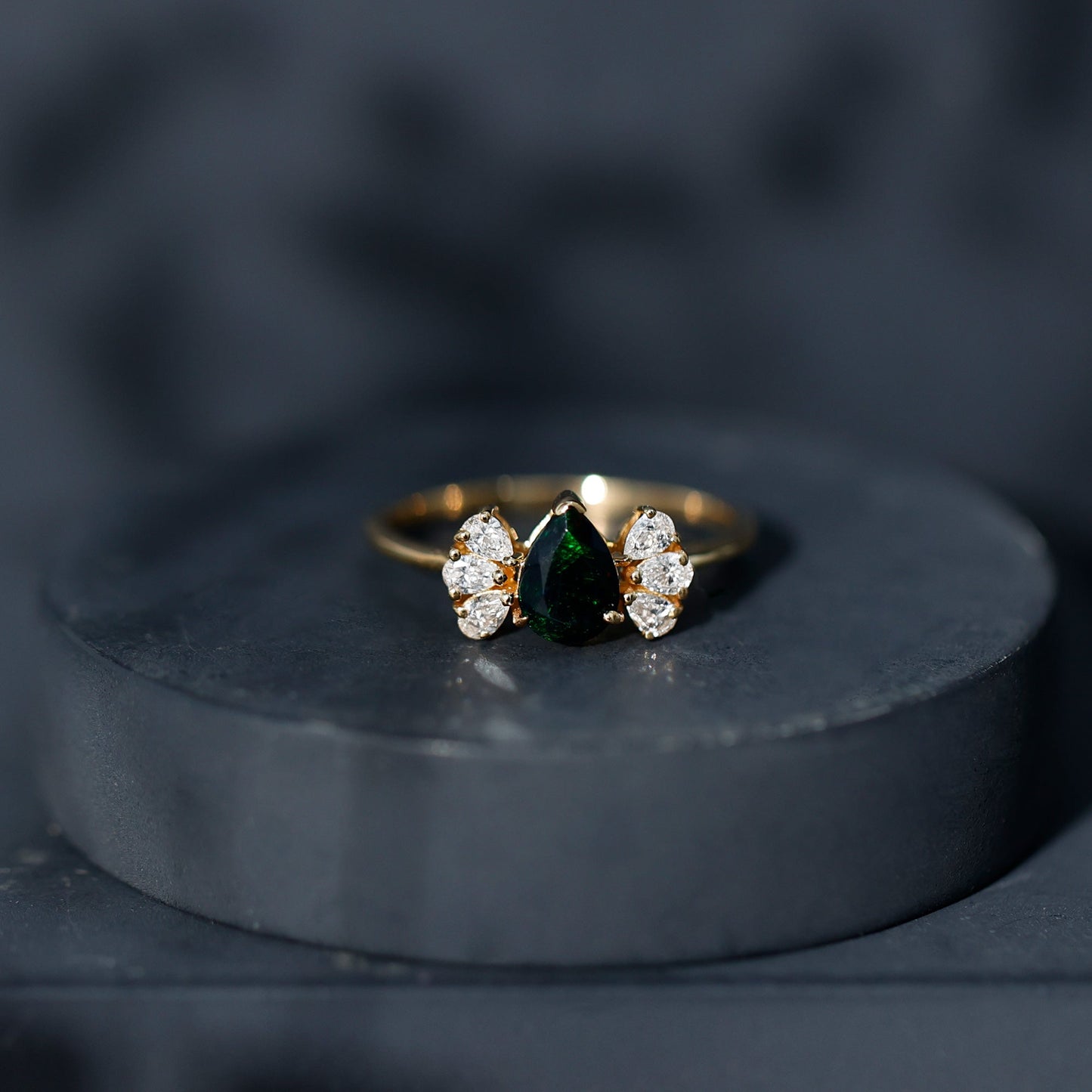 Pear Cut Black Opal Solitaire Engagement Ring with Diamond Trio