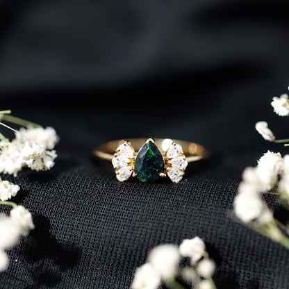 Pear Cut Black Opal Solitaire Engagement Ring with Diamond Trio