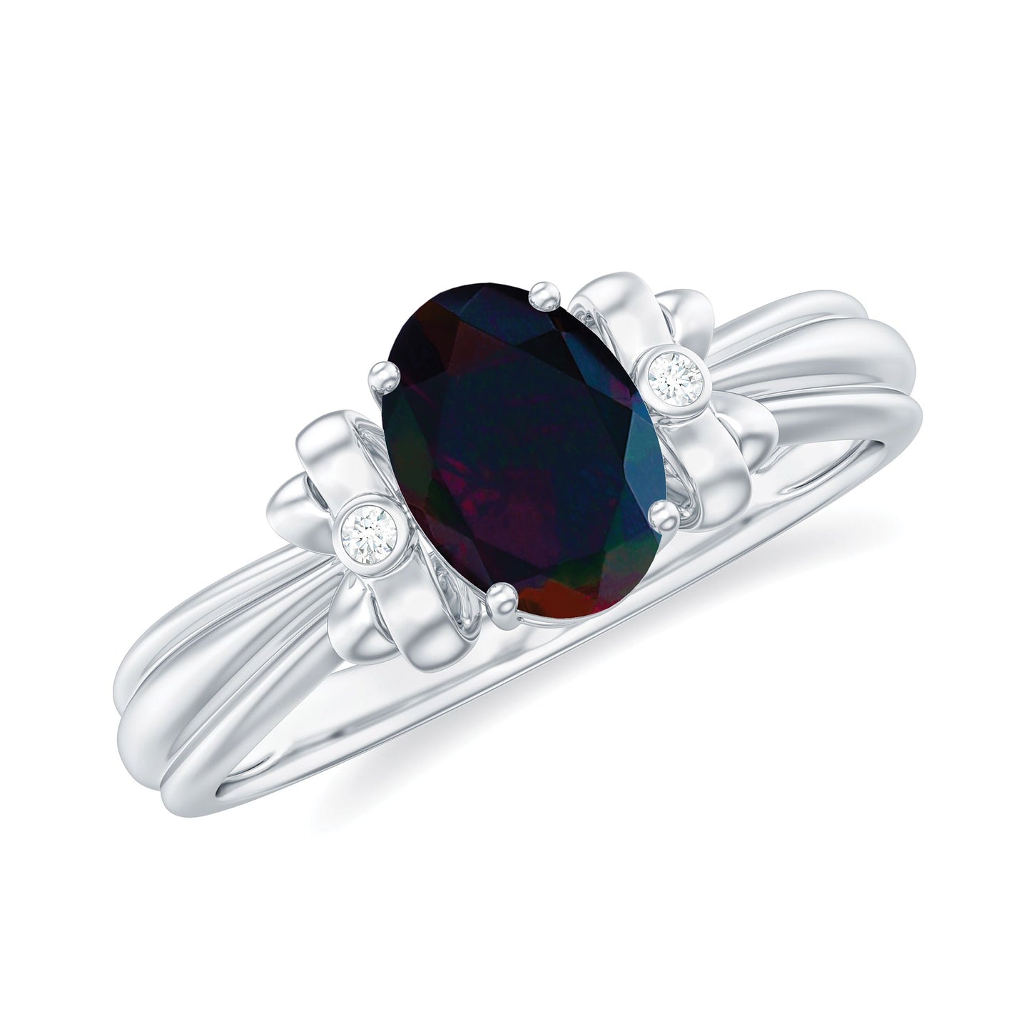 0.9 Carat Oval Cut Black Opal Solitaire Engagement Ring with Diamond