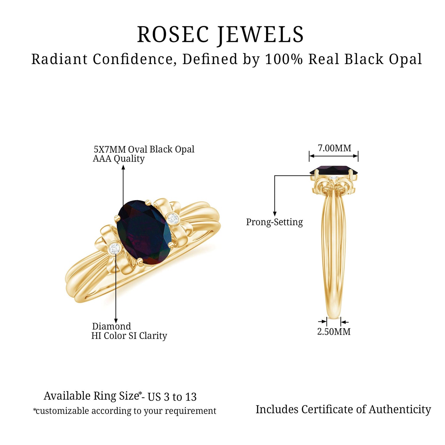 0.9 Carat Oval Cut Black Opal Solitaire Engagement Ring with Diamond