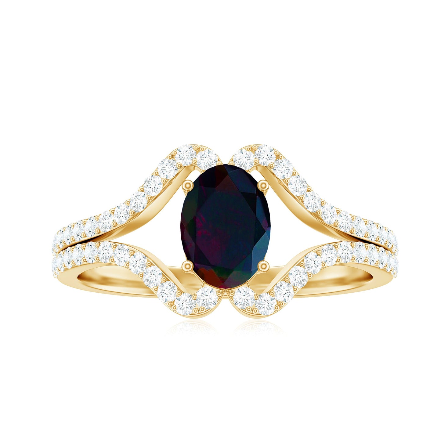 Oval Cut Black Opal and Diamond Split Shank Engagement Ring