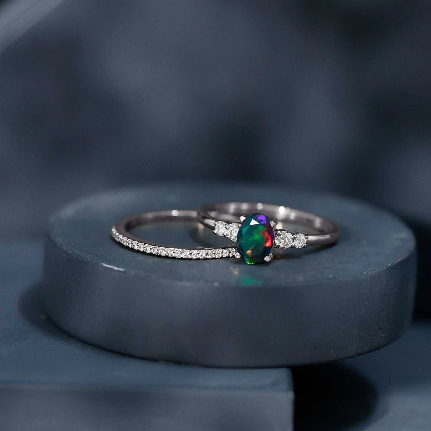 0.9 Carat Black Opal and Diamond Oval Wedding Ring Set