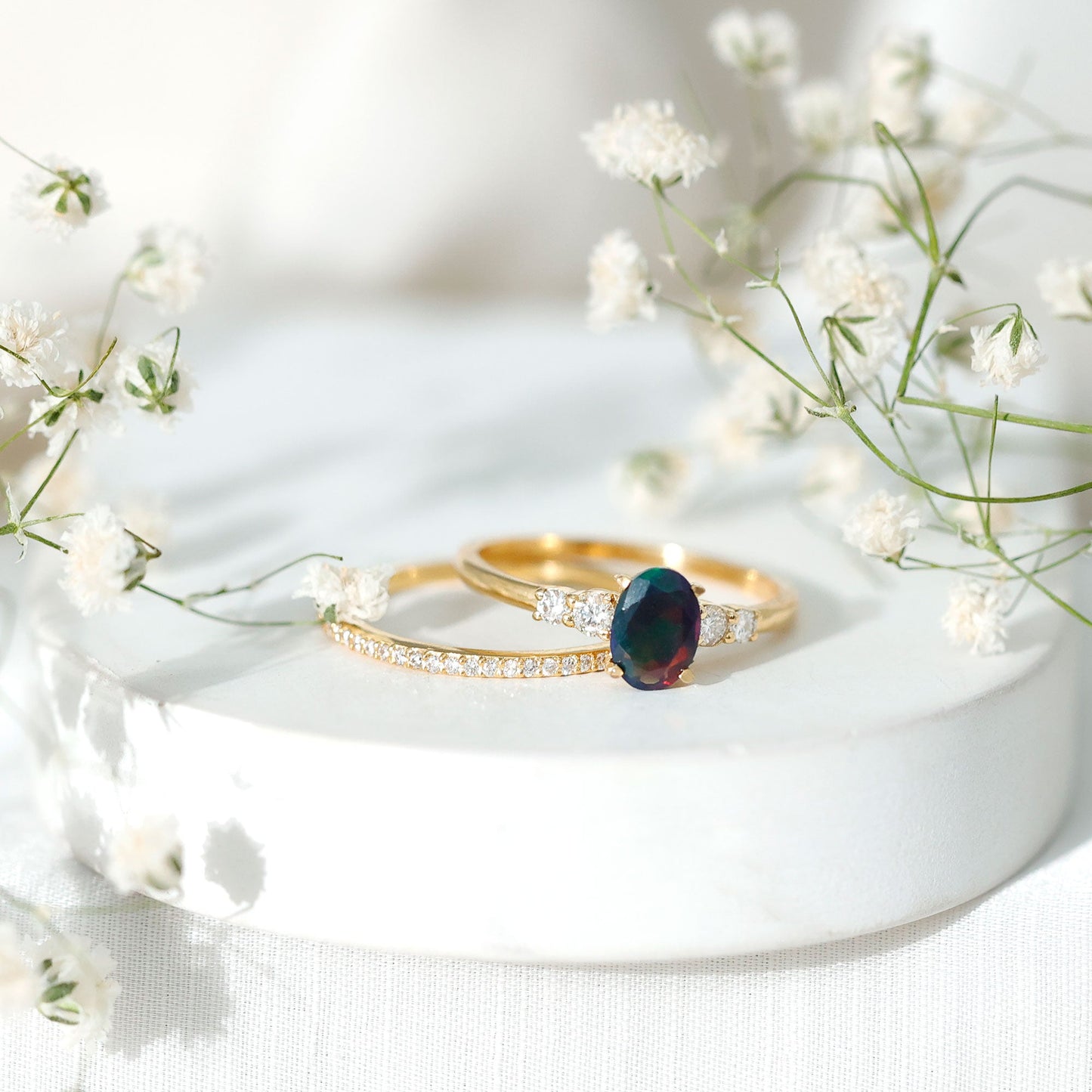 0.9 Carat Black Opal and Diamond Oval Wedding Ring Set