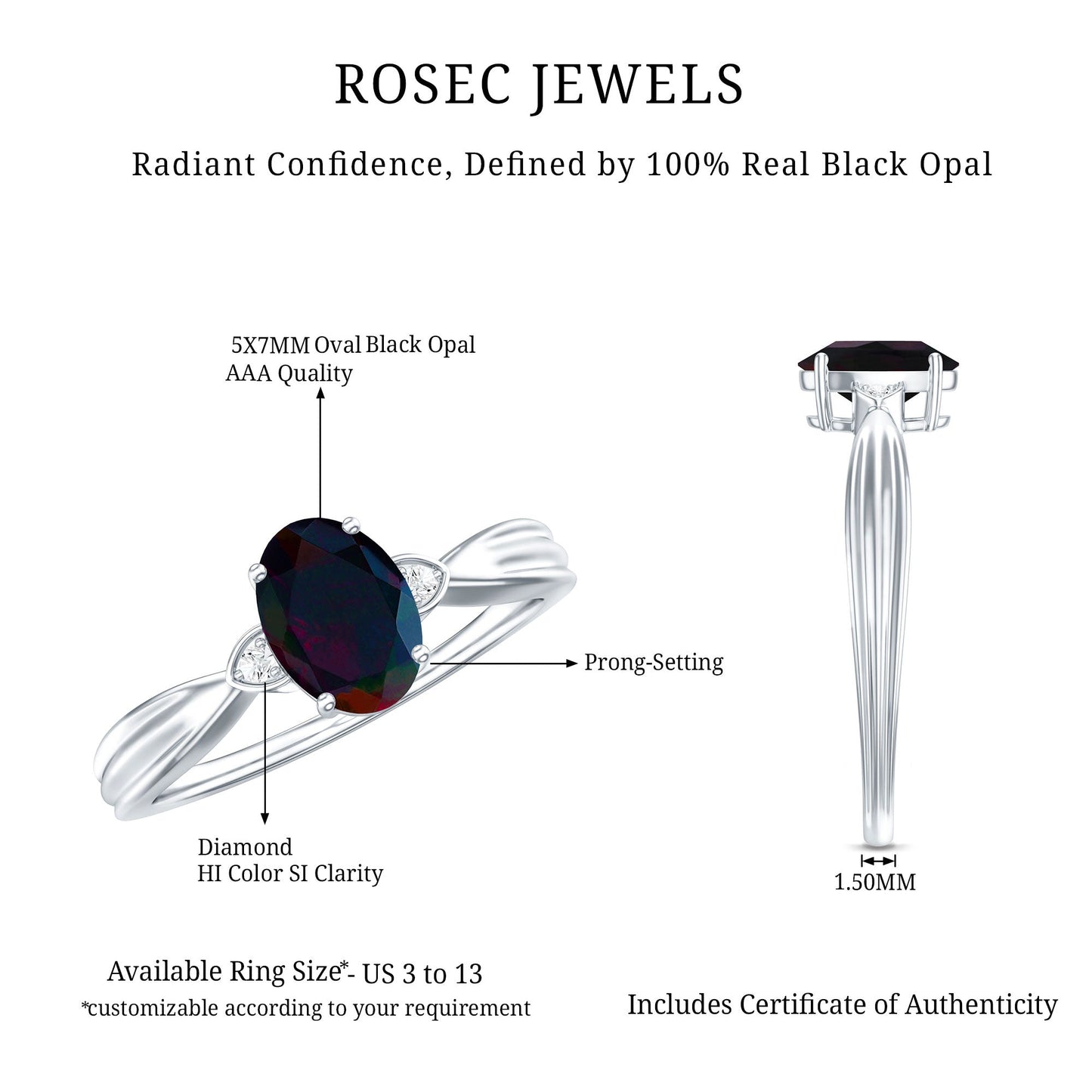 Oval Cut Natural Black Opal Designer Ring with Diamond