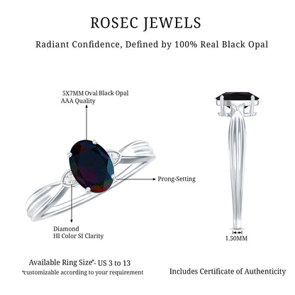 Oval Cut Natural Black Opal Designer Ring with Diamond