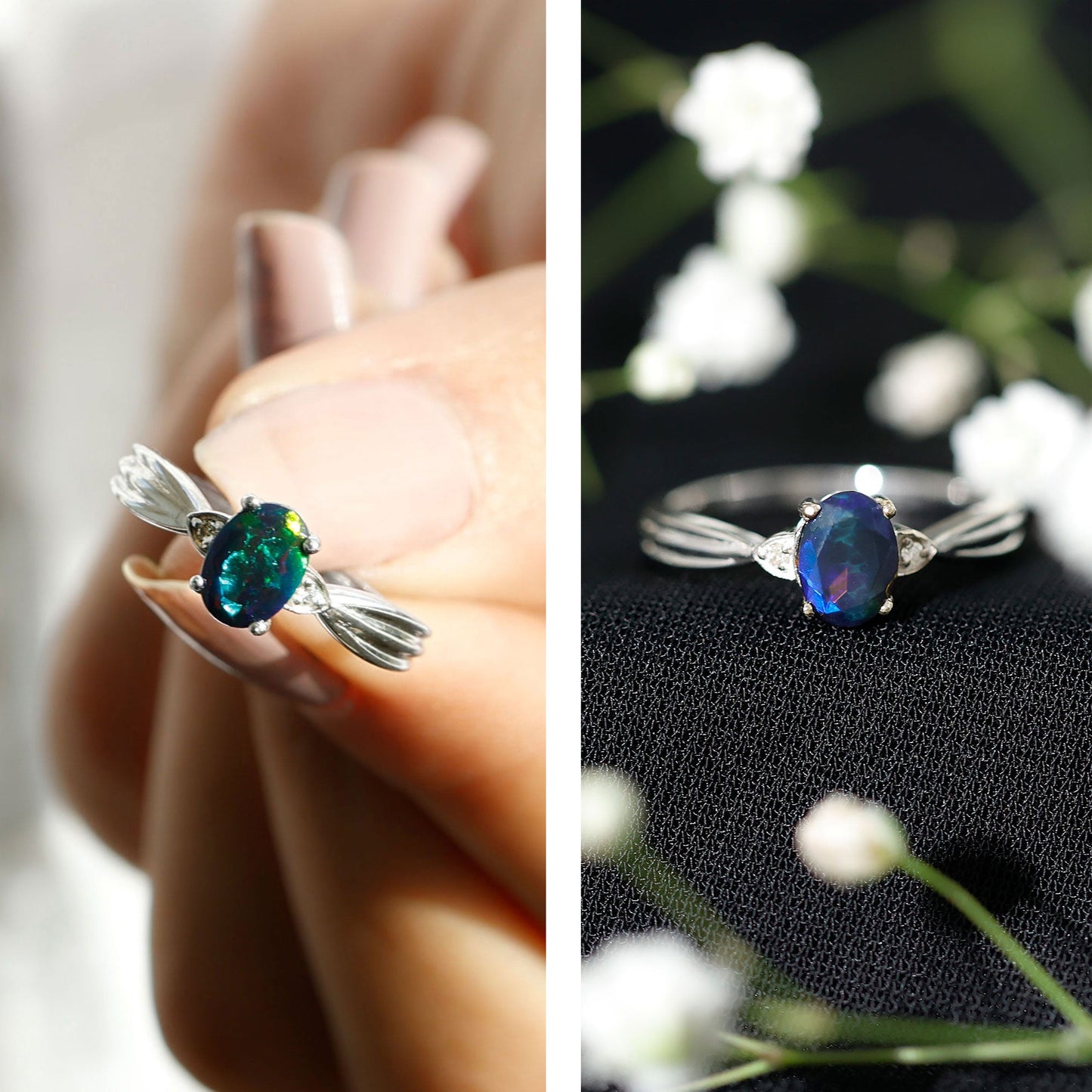 Oval Cut Natural Black Opal Designer Ring with Diamond
