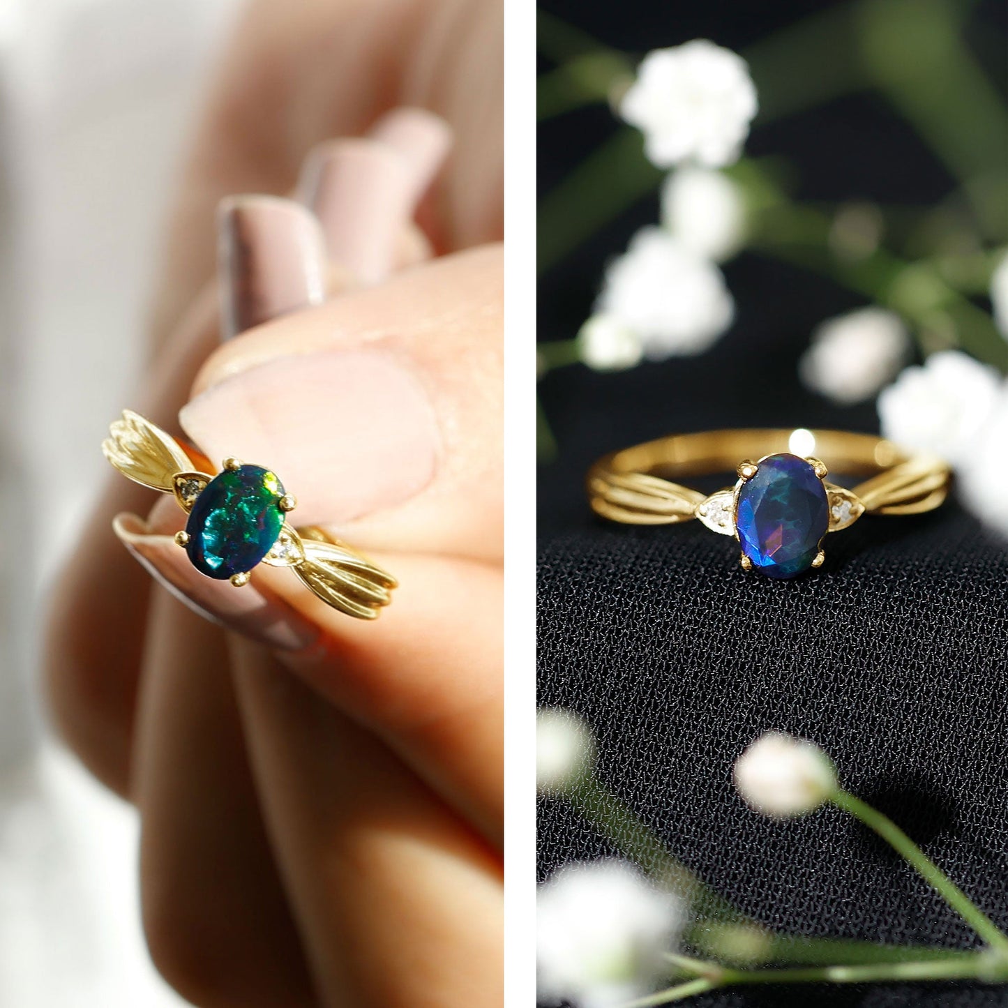 Oval Cut Natural Black Opal Designer Ring with Diamond