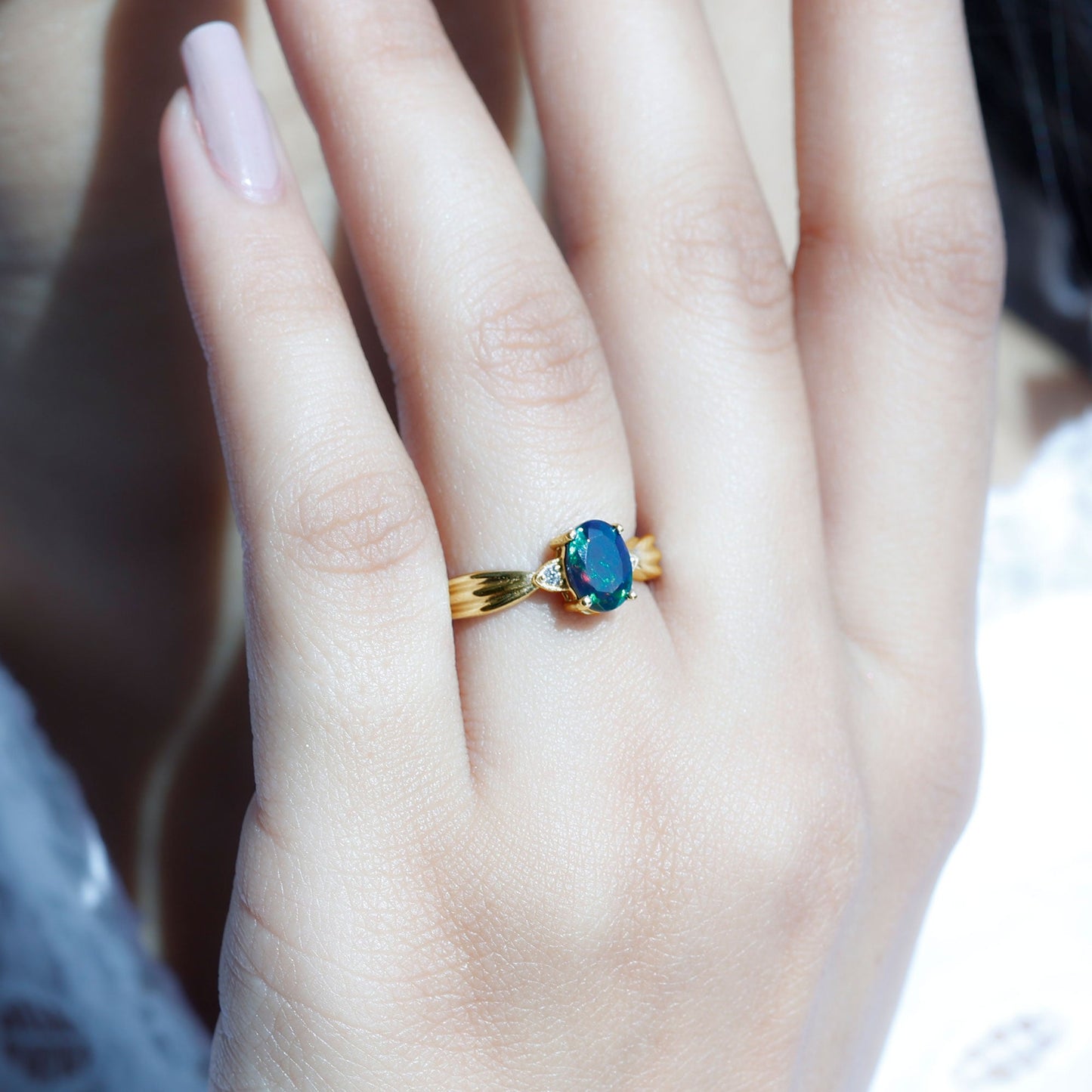 Oval Cut Natural Black Opal Designer Ring with Diamond