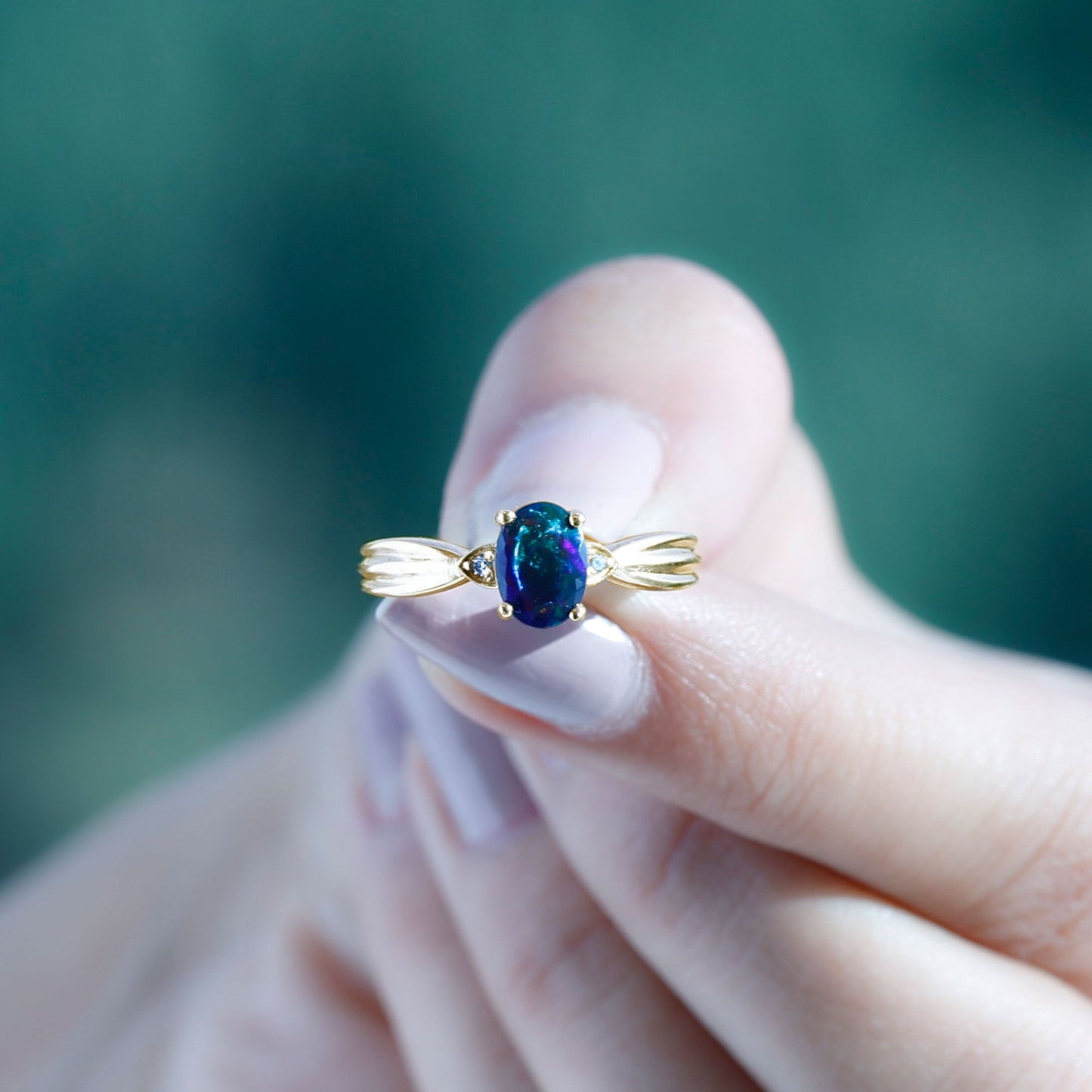 Oval Cut Natural Black Opal Designer Ring with Diamond