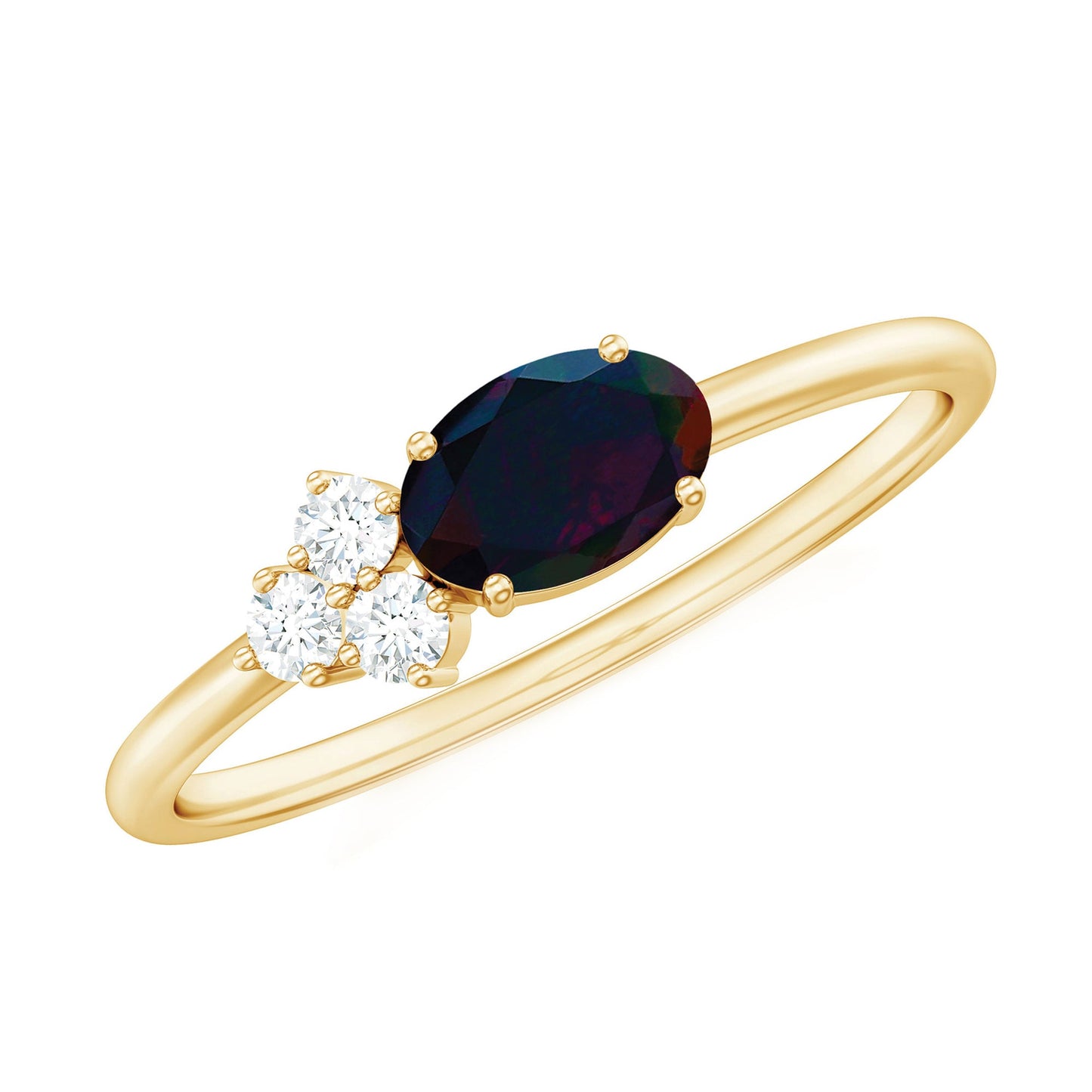 Oval Black Opal East West Ring with Diamond Trio