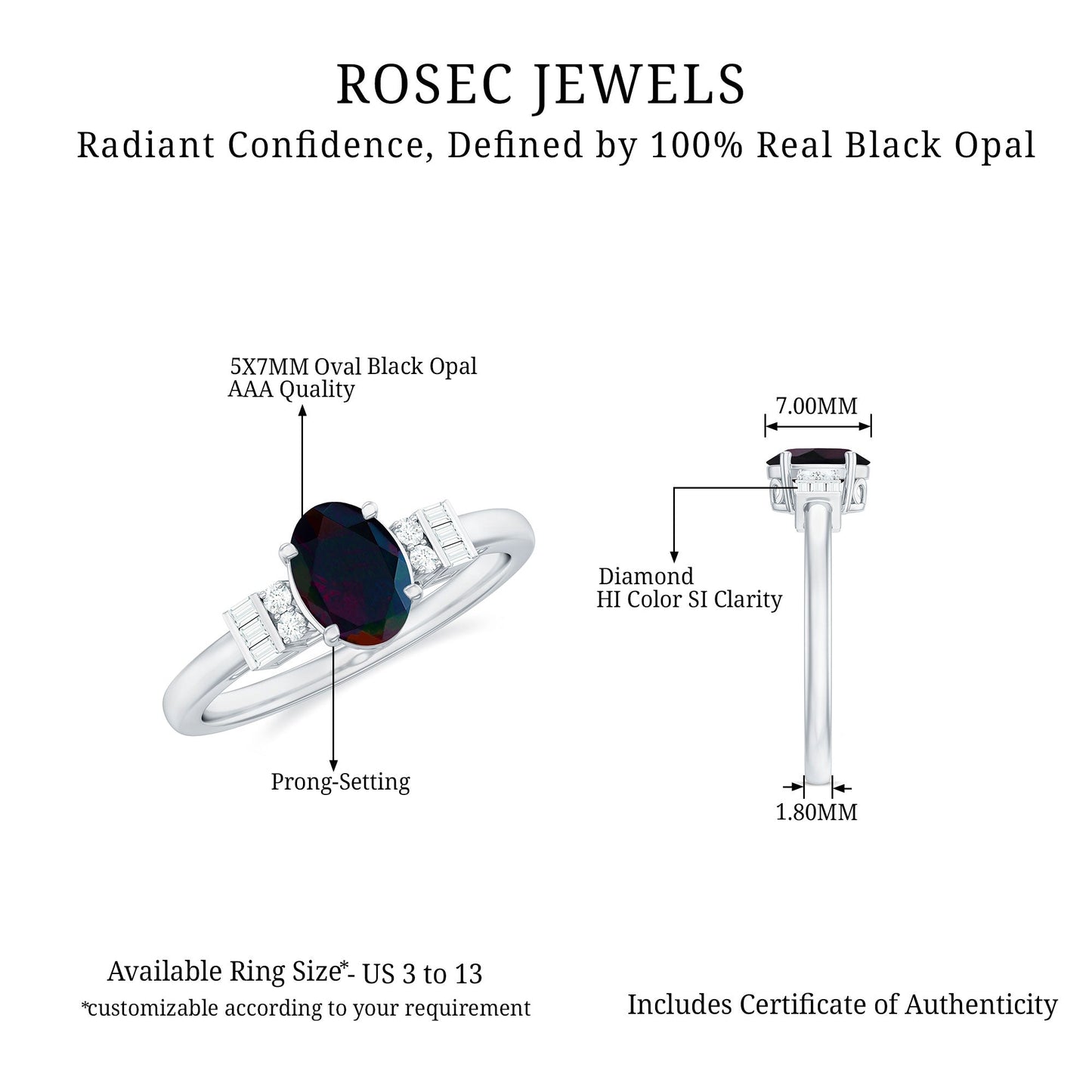 0.9 Carat Oval Cut Black Opal Engagement Ring with Diamond