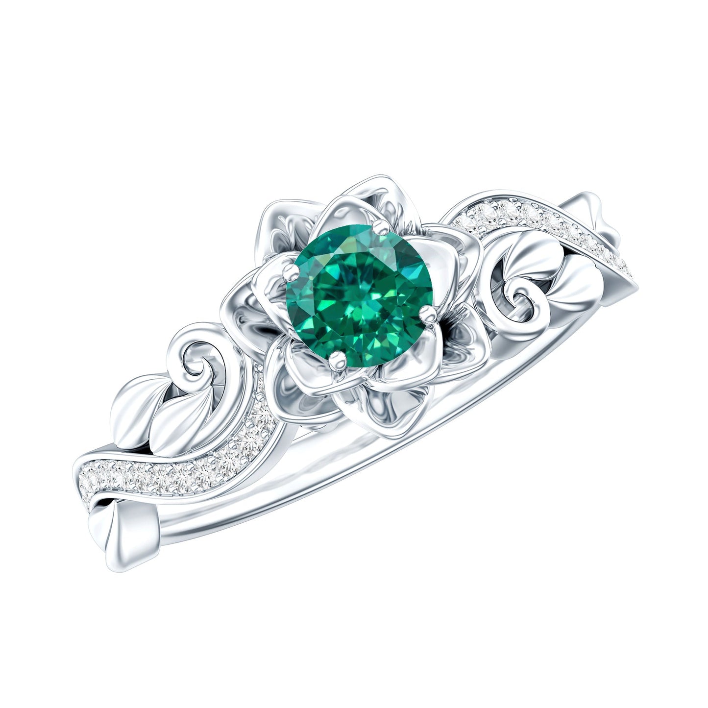 Lab Grown Emerald Diamond Flower Engagement Ring with Certificate