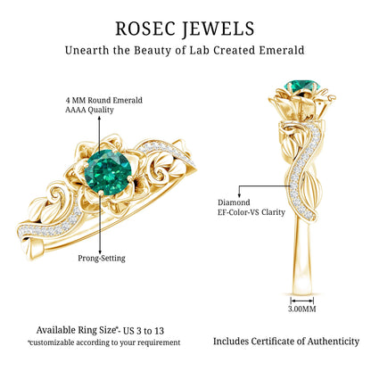 Lab Grown Emerald Diamond Flower Engagement Ring with Certificate
