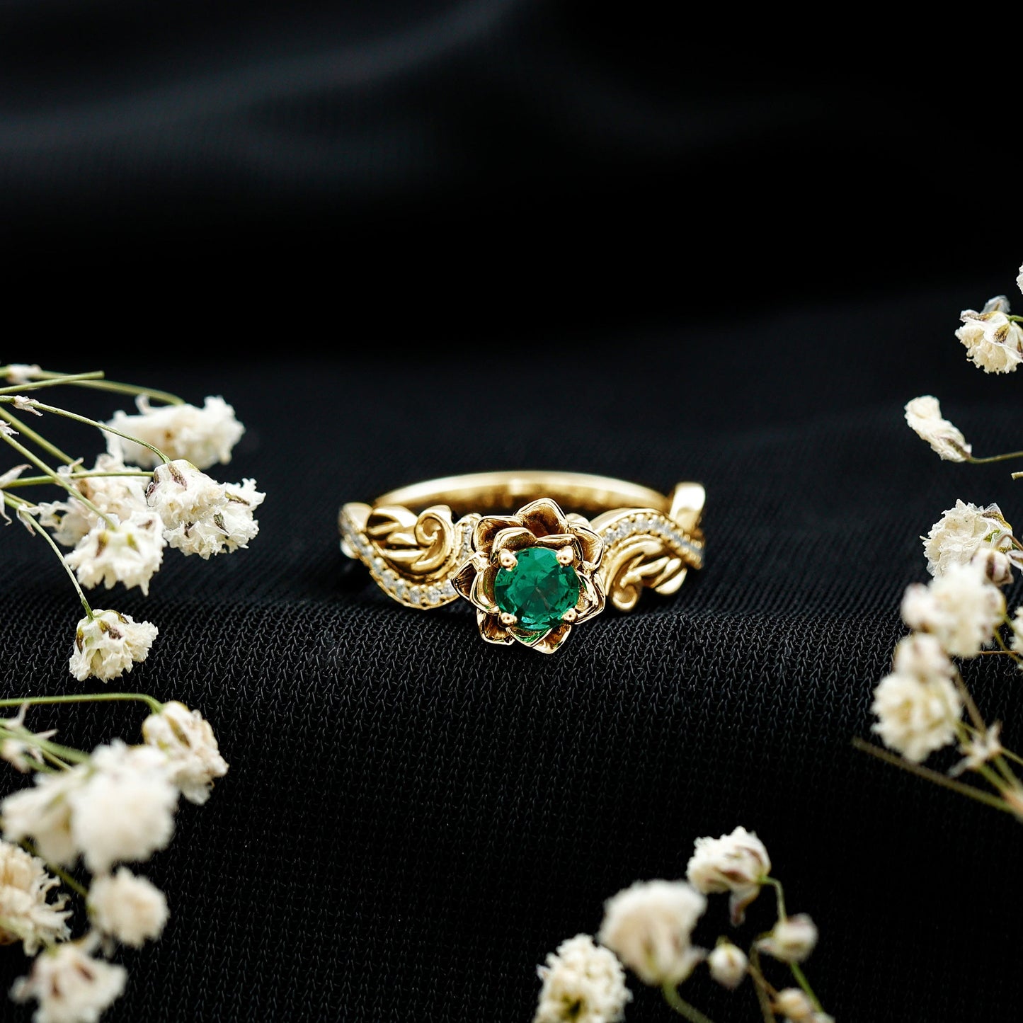 Lab Grown Emerald Diamond Flower Engagement Ring with Certificate