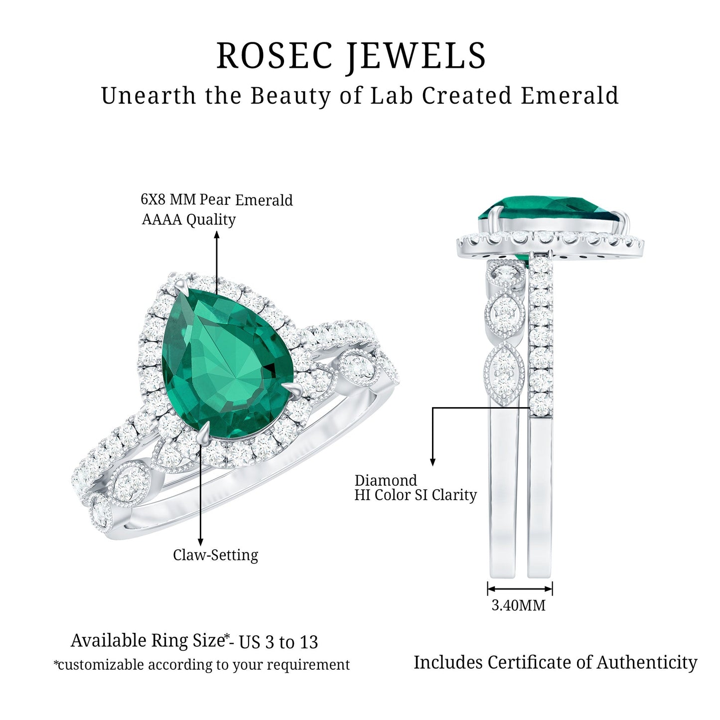 Designer Lab Grown Emerald Diamond Teardrop Engagement Ring with Wedding Band