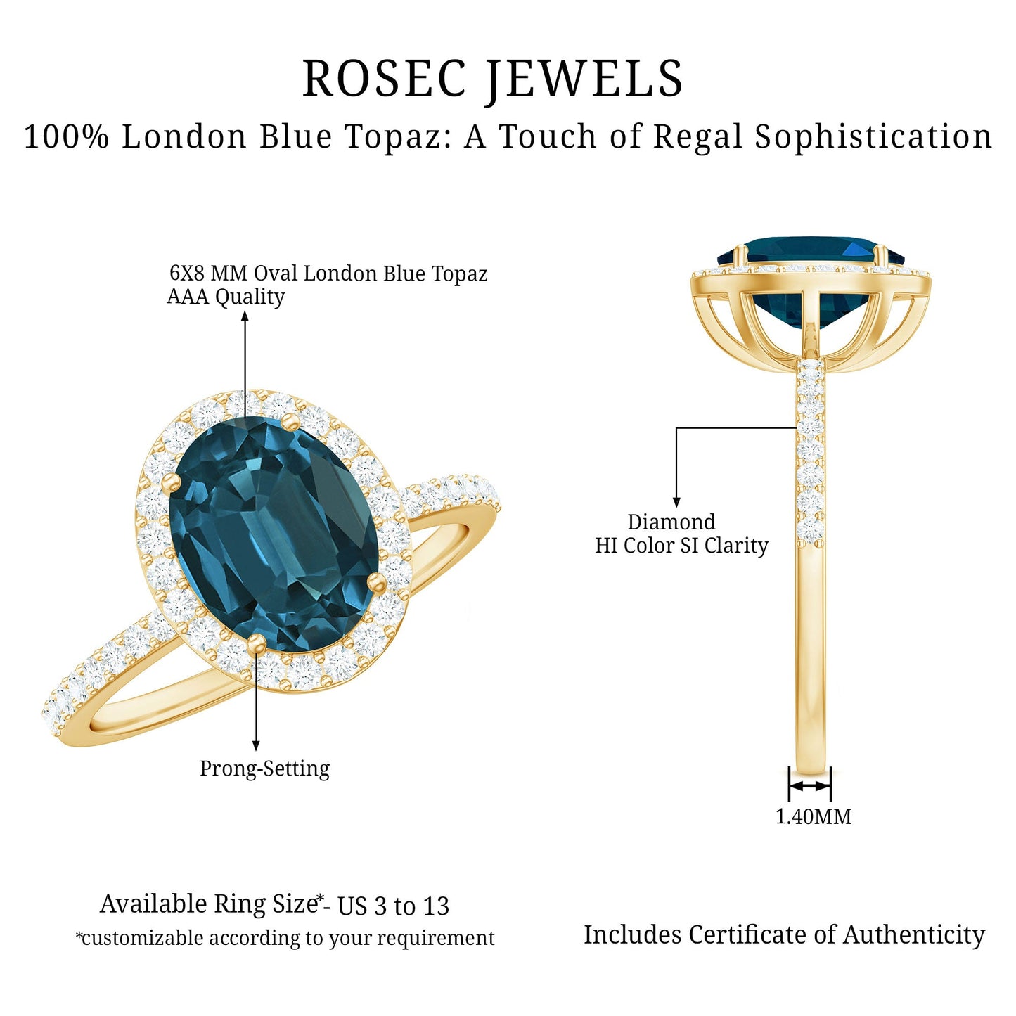 Classic London Blue Topaz Oval Engagement Ring with Diamond Halo