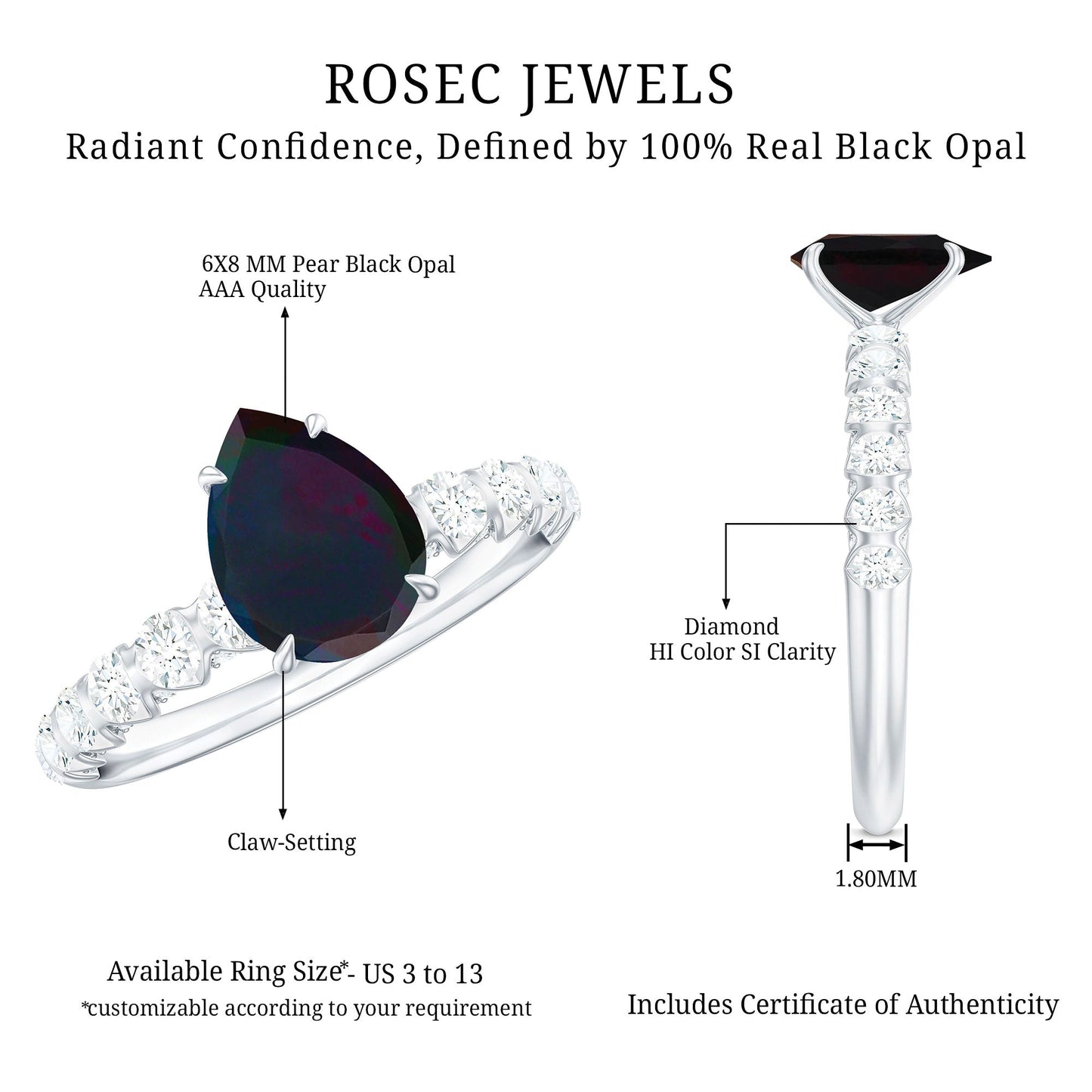 Pear Shape Black Opal Solitaire Engagement Ring with Diamond