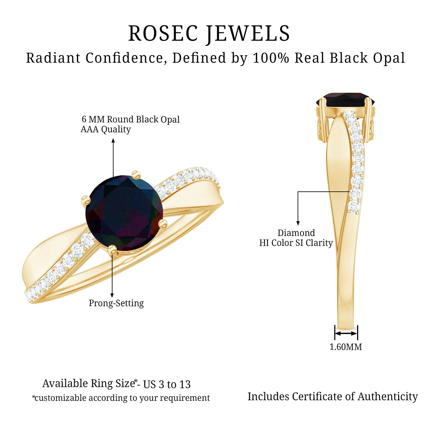 Classic Black Opal and Diamond Solitaire Engagement Ring