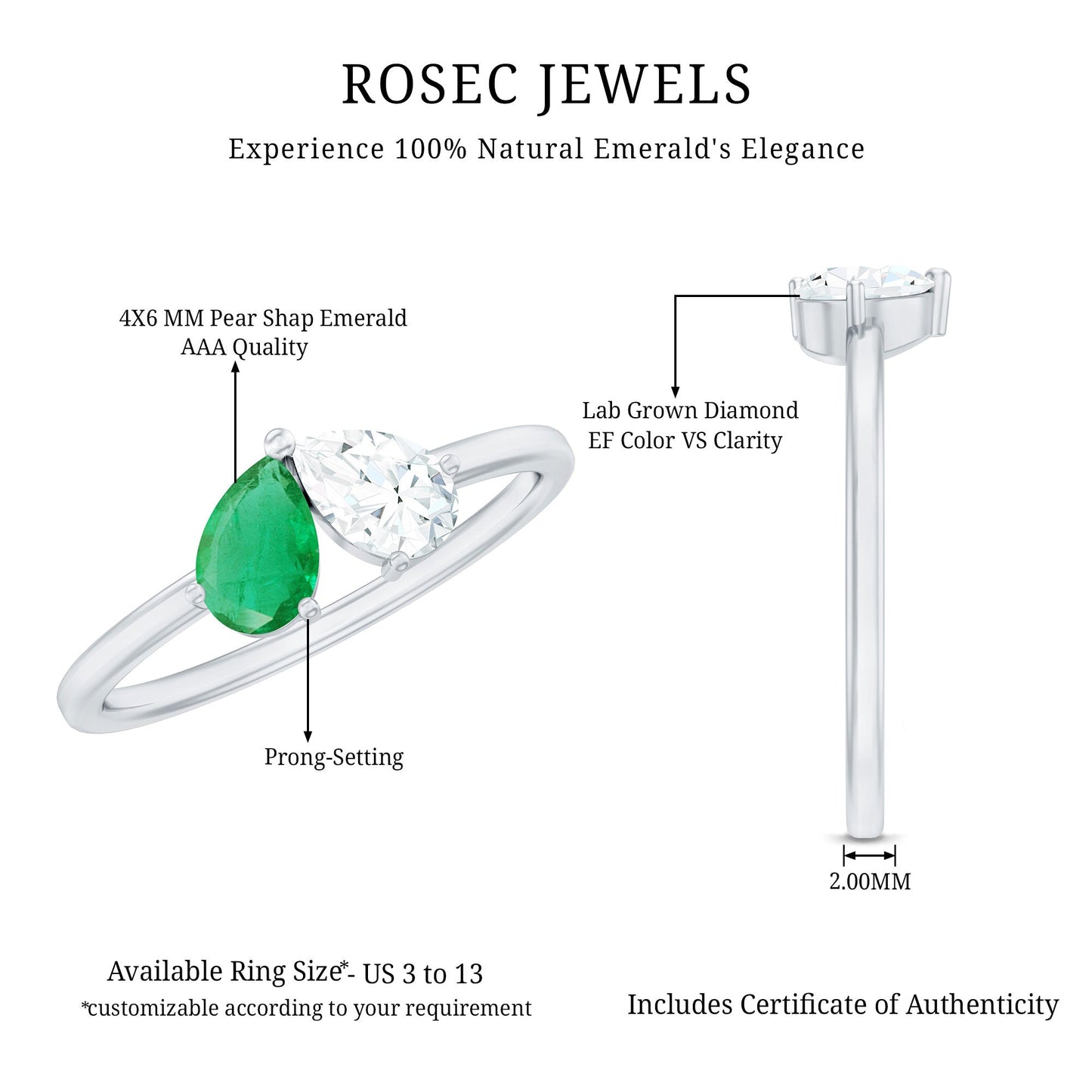Natural Pear Shape Emerald Diamond 2 Stone Promise Ring