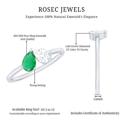 Natural Pear Shape Emerald Diamond 2 Stone Promise Ring
