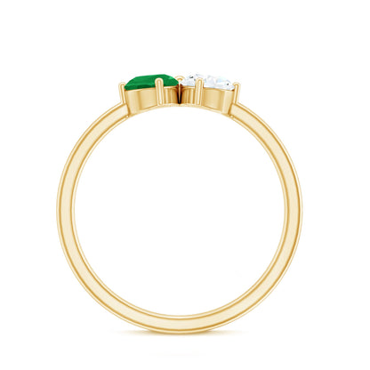 Natural Pear Shape Emerald Diamond 2 Stone Promise Ring