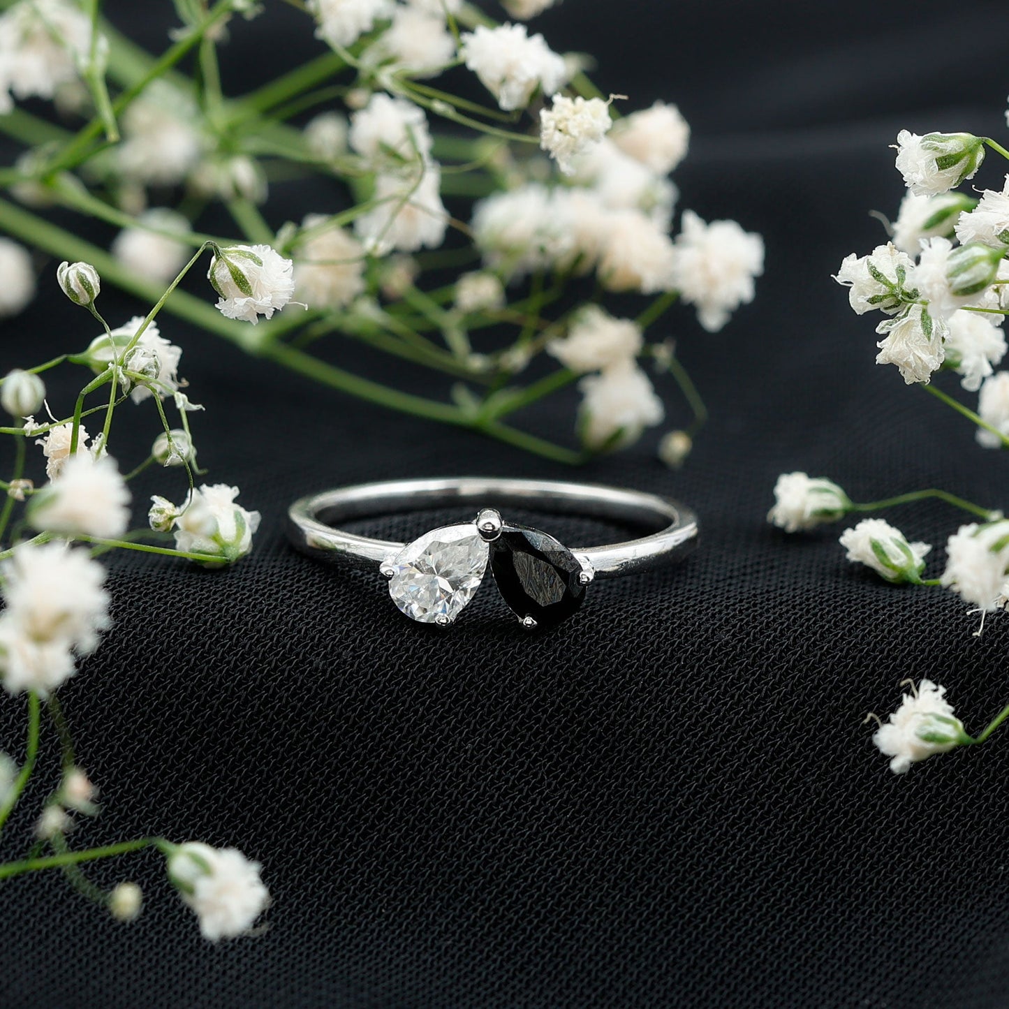 Lab Created Black and White Diamond 2 Stone Ring