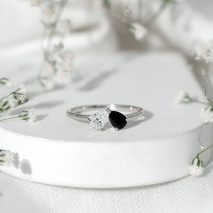 Lab Created Black and White Diamond 2 Stone Ring