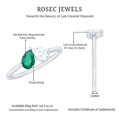 Certified Pear Shape Lab Grown Emerald Toi Et Moi Ring with Diamond