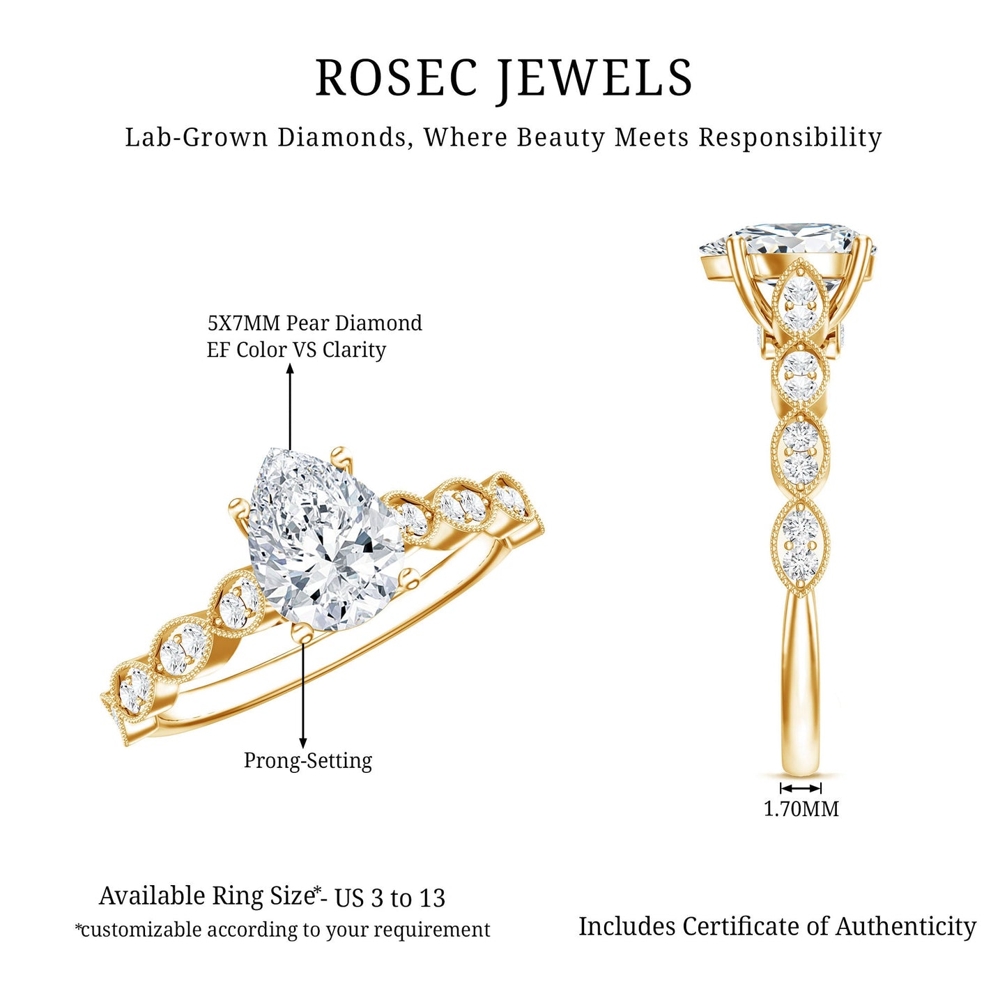 Pear Shape Lab Grown Diamond Scalloped Solitaire Ring