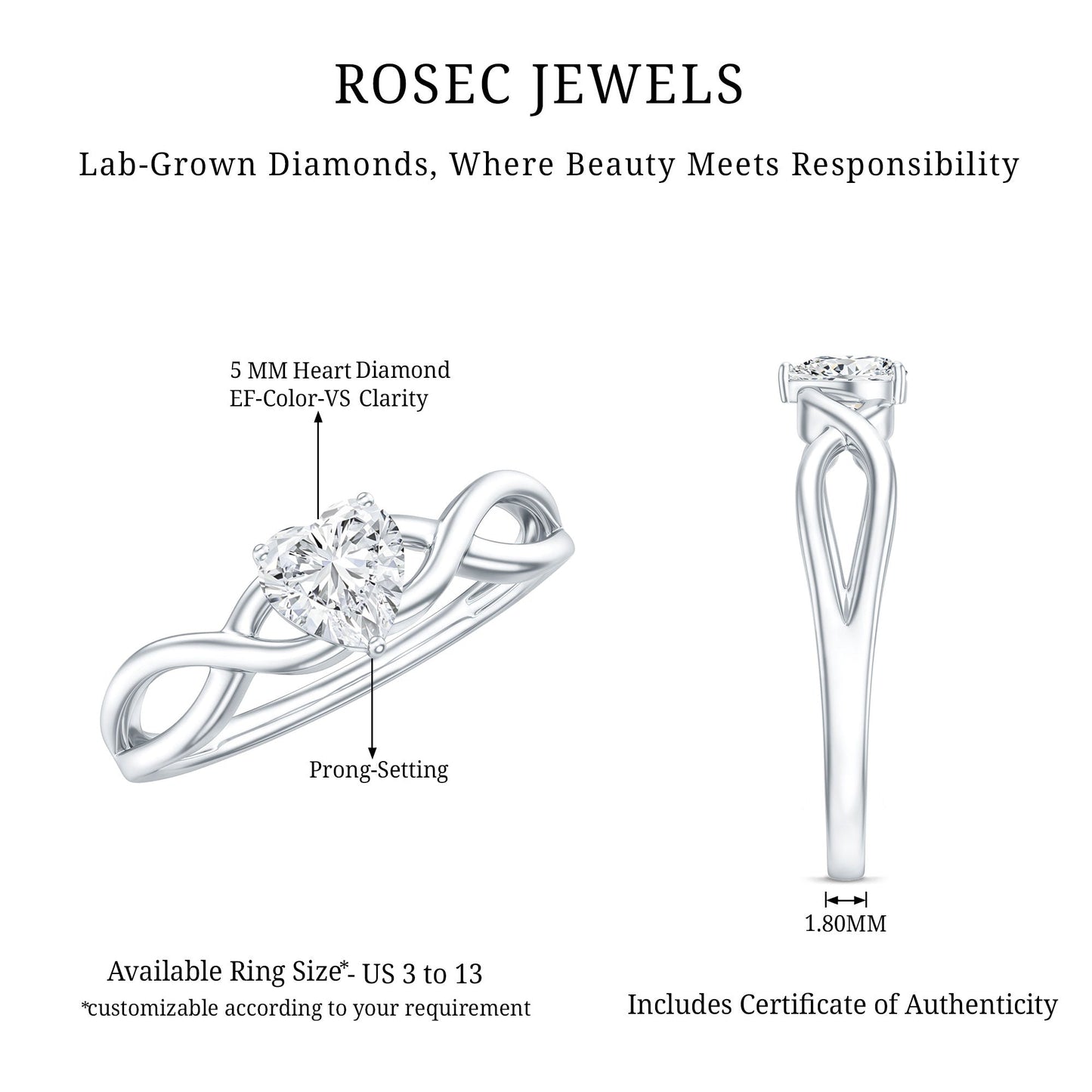 Lab Grown Diamond Heart Promise Ring in Crossover Shank