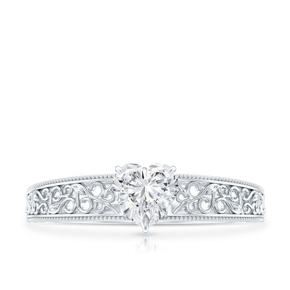 Vintage Inspired Heart Shape Lab Grown Diamond Solitaire Filigree Ring