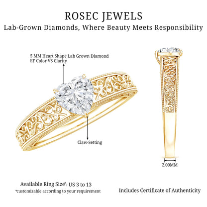 Vintage Inspired Heart Shape Lab Grown Diamond Solitaire Filigree Ring