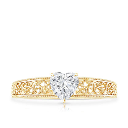 Vintage Inspired Heart Shape Lab Grown Diamond Solitaire Filigree Ring