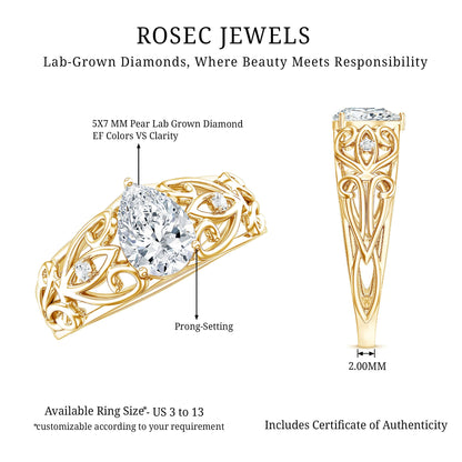 Pear Shaped Lab Created Diamond Solitaire Filigree Ring