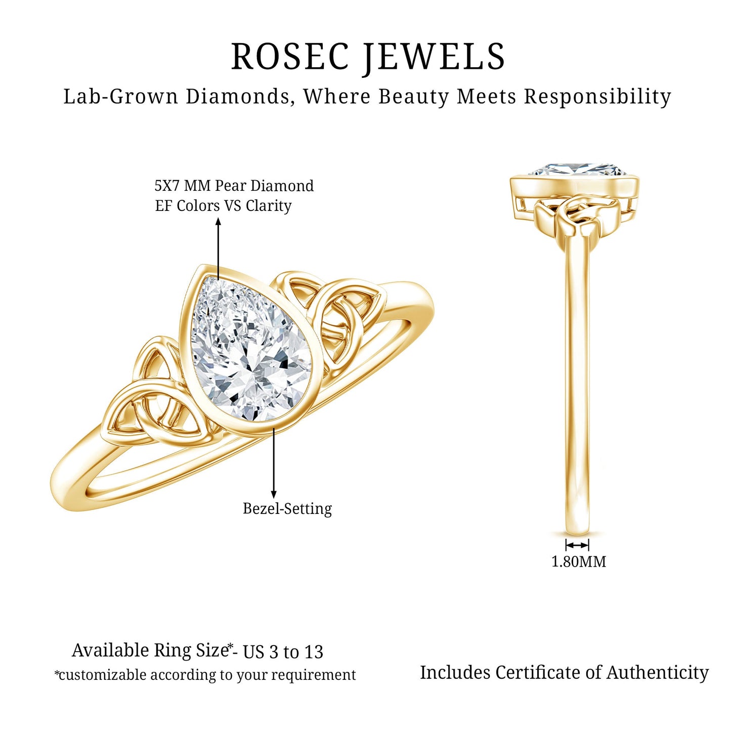 Pear Shape Lab Grown Diamond Solitaire Celtic Ring