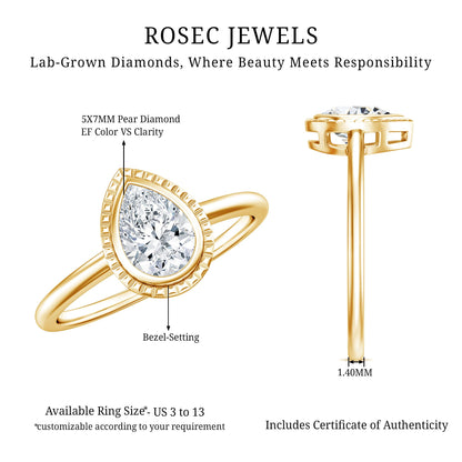 Pear Cut Lab Grown Diamond Solitaire Ring with Engraved Details