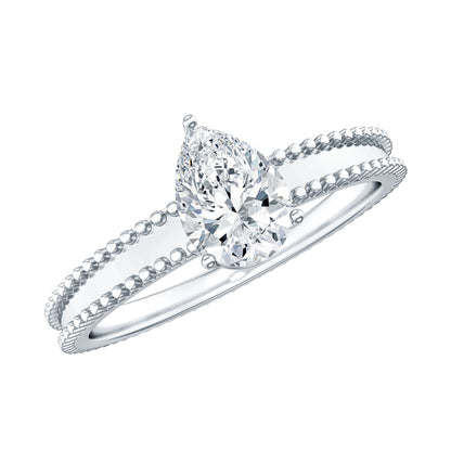Pear Shaped Lab Grown Diamond Solitaire Ring with Beaded Detailing