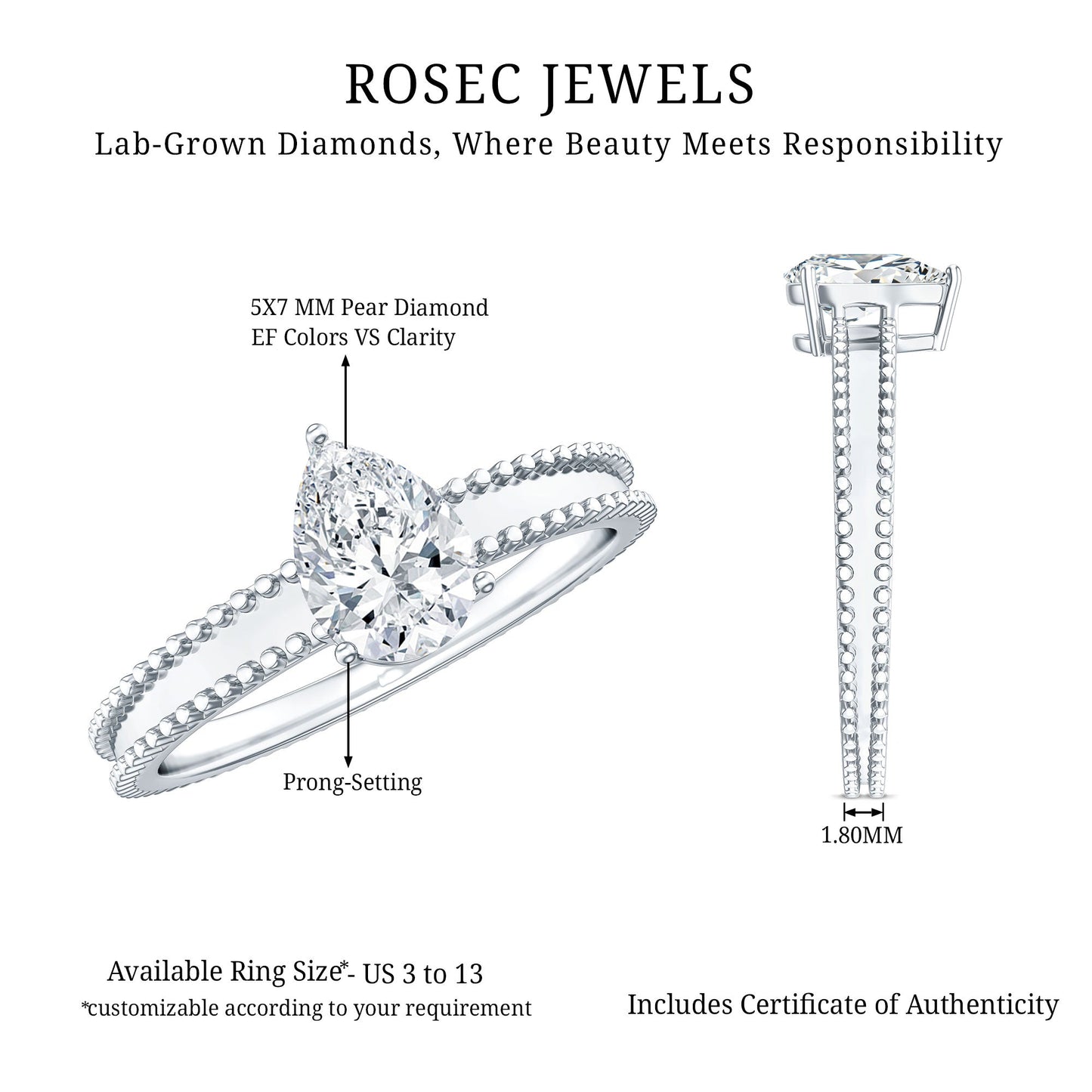 Pear Shaped Lab Grown Diamond Solitaire Ring with Beaded Detailing