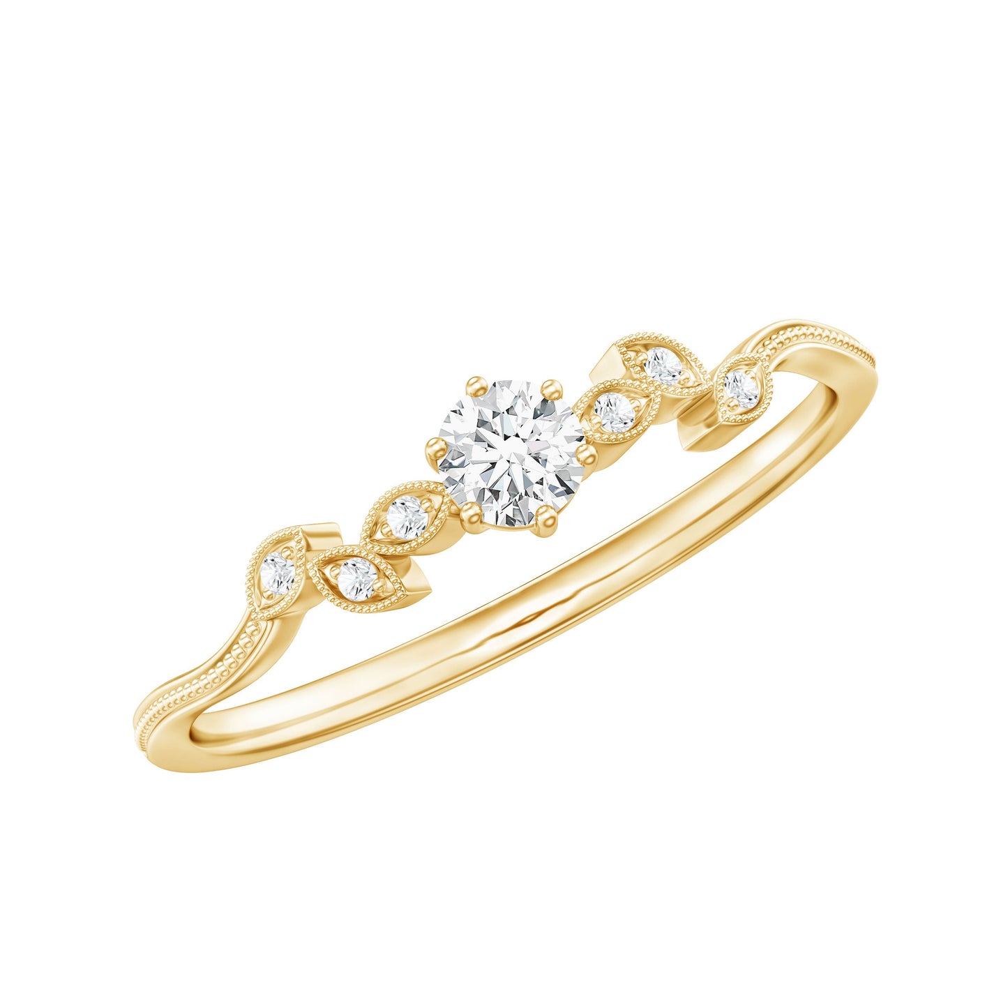 Minimal Lab Grown Diamond Leaf Ring with Beaded Detailing