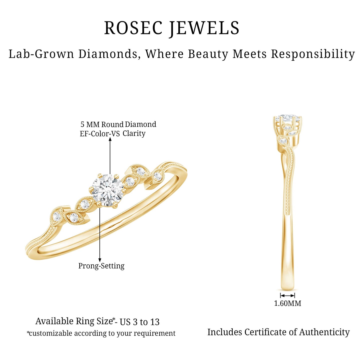 Minimal Lab Grown Diamond Leaf Ring with Beaded Detailing