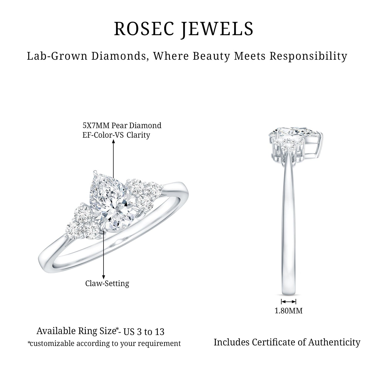 Pear Cut Lab Grown Diamond Trio Engagement Ring