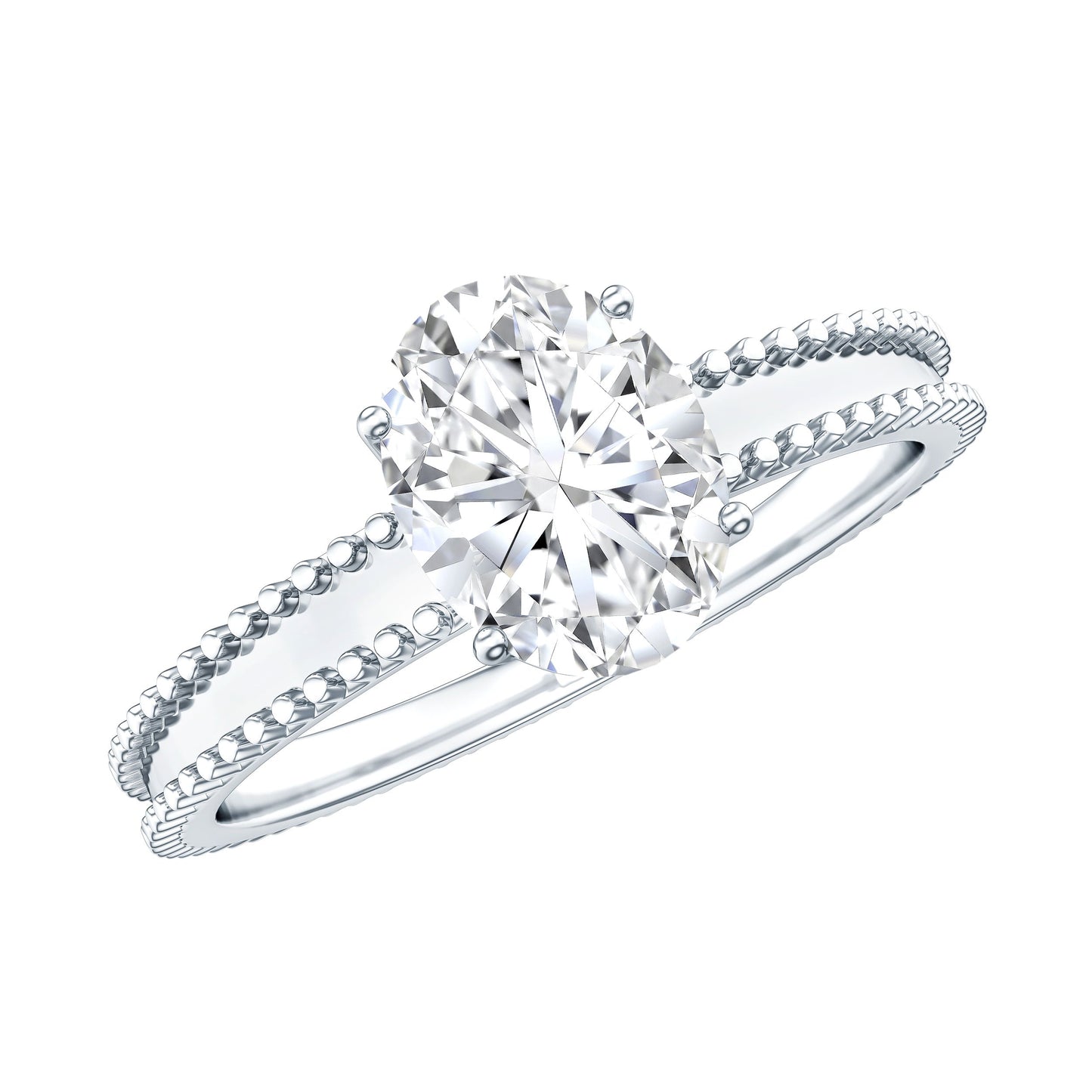 Oval Shaped Lab Grown Diamond Solitaire Ring with Beaded Detailing