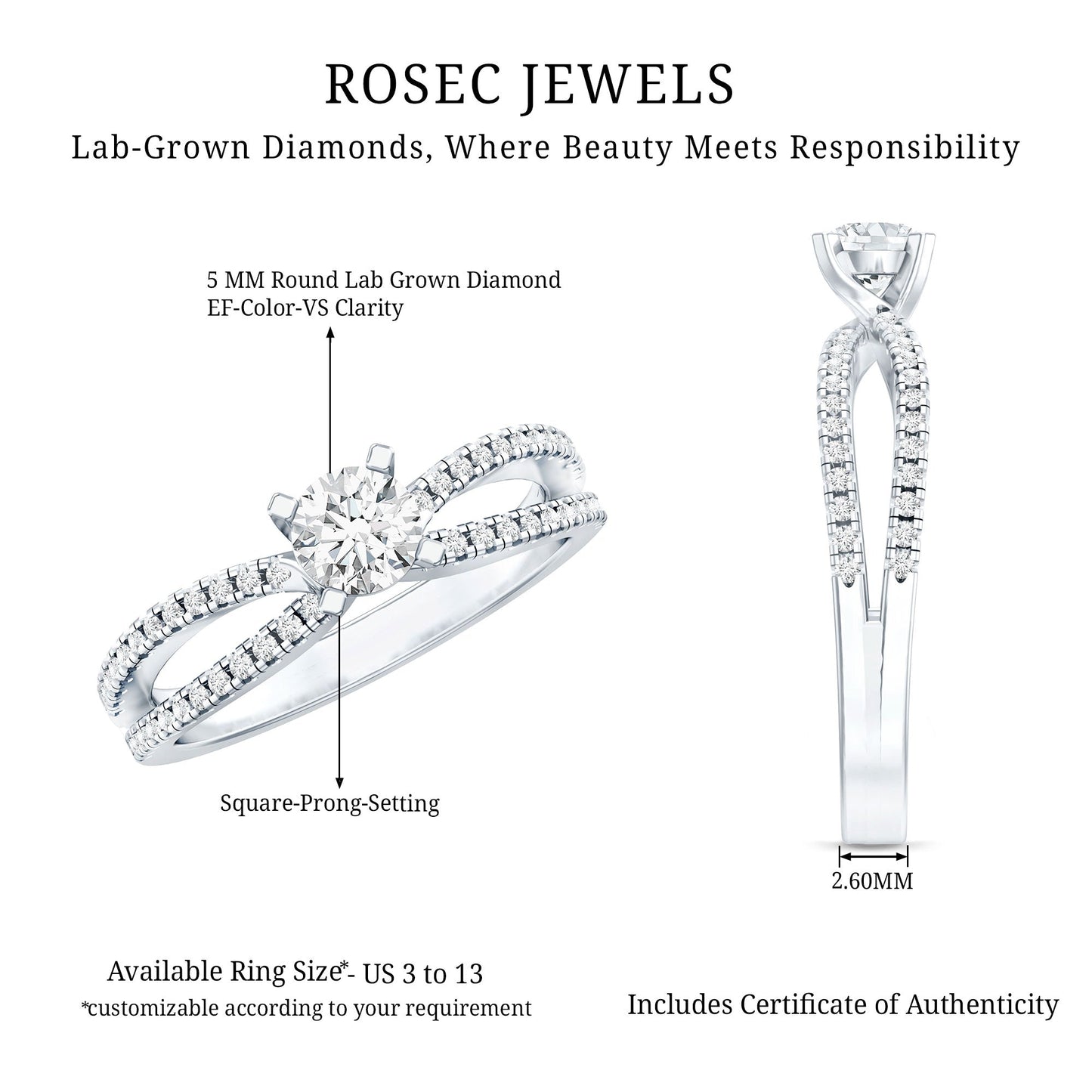 Solitaire Lab Grown Diamond Split Shank Engagement Ring