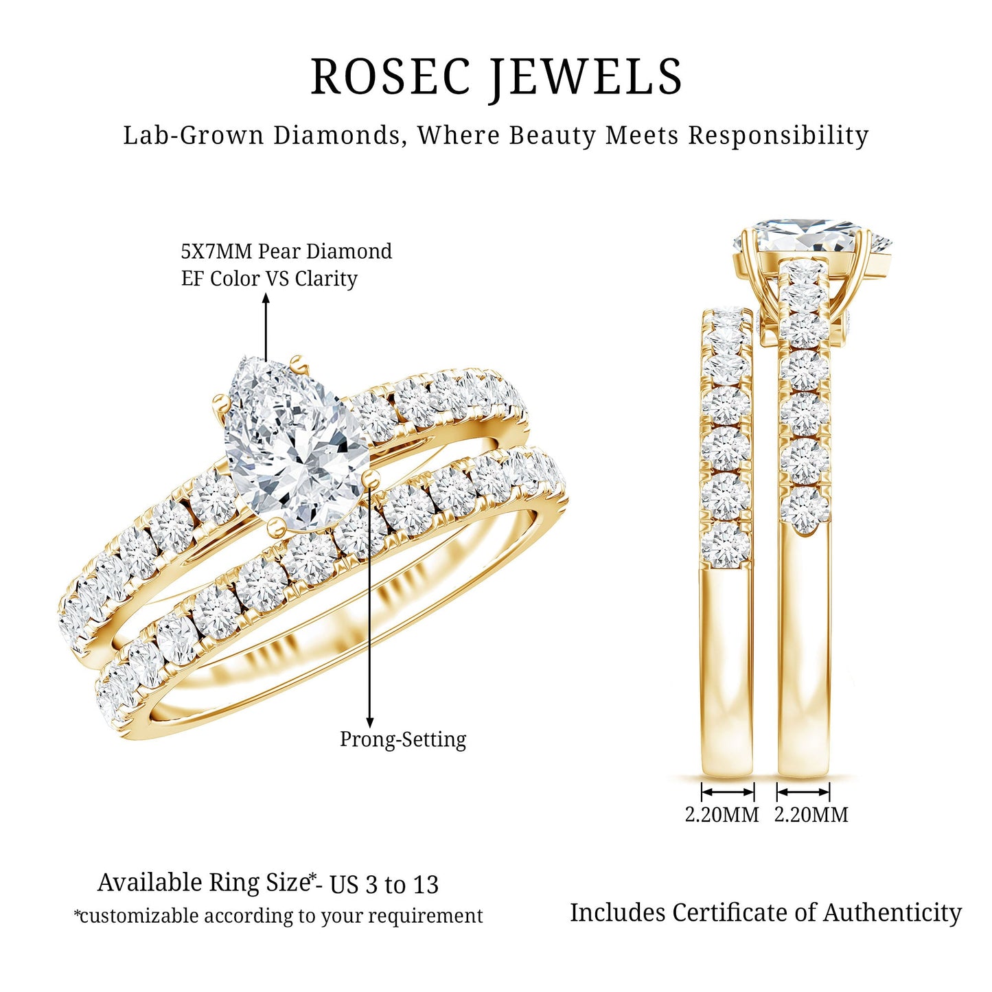 Minimal Pear Shape Lab Grown Diamond Wedding Ring Set