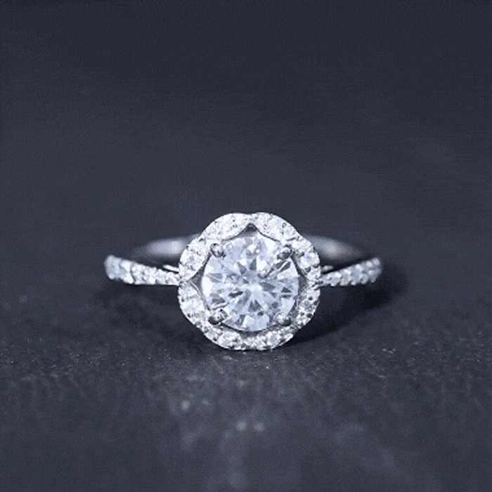 Certified Moissanite Designer Halo Engagement Ring in Gold Plated Silver