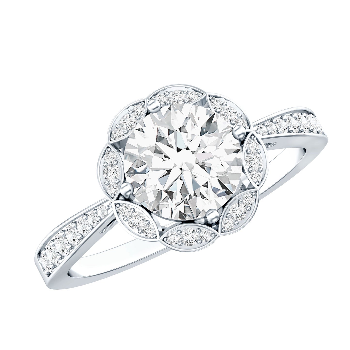 Certified Moissanite Designer Halo Engagement Ring in Gold Plated Silver