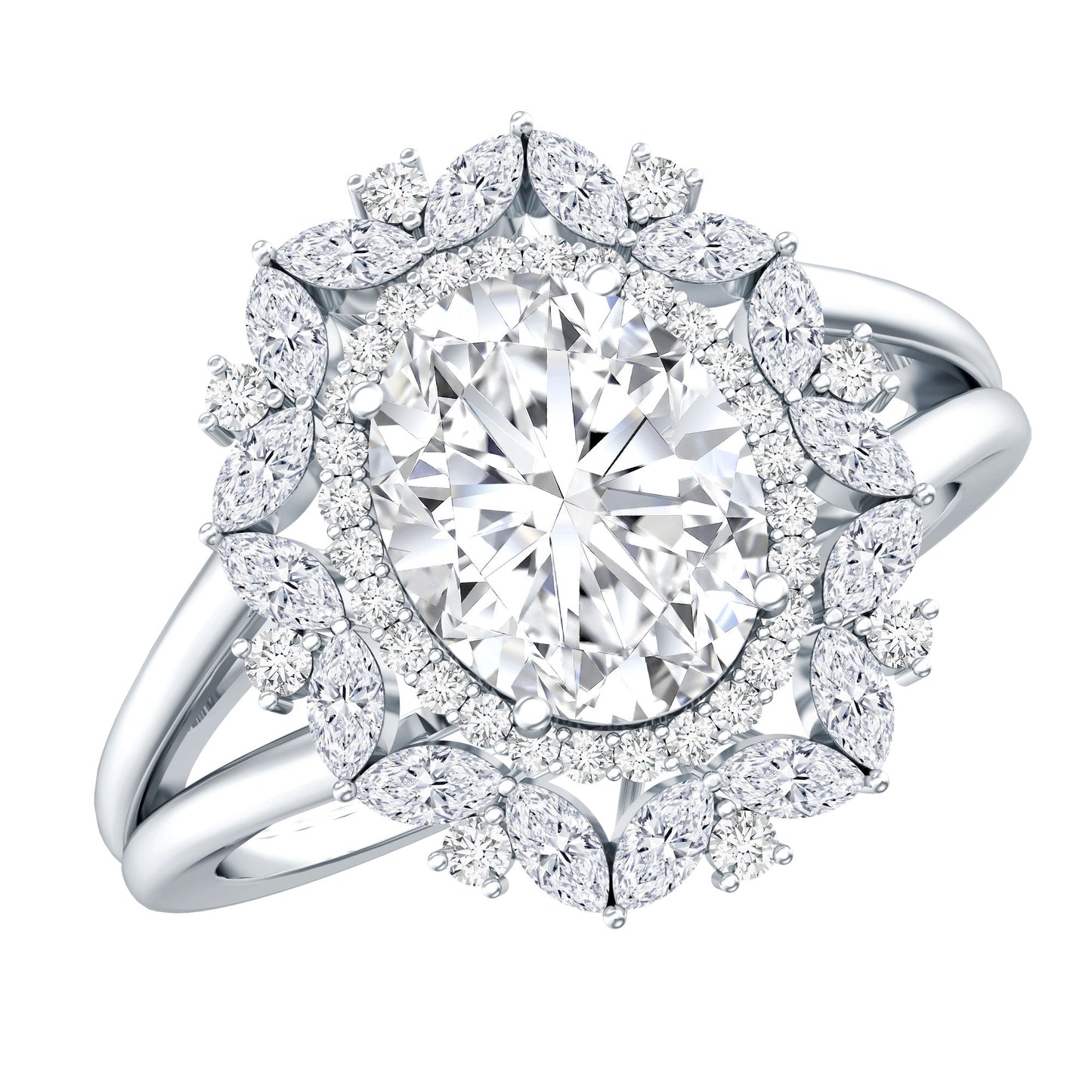 Certified 2 Carat Oval Moissanite Double Halo Engagement Ring