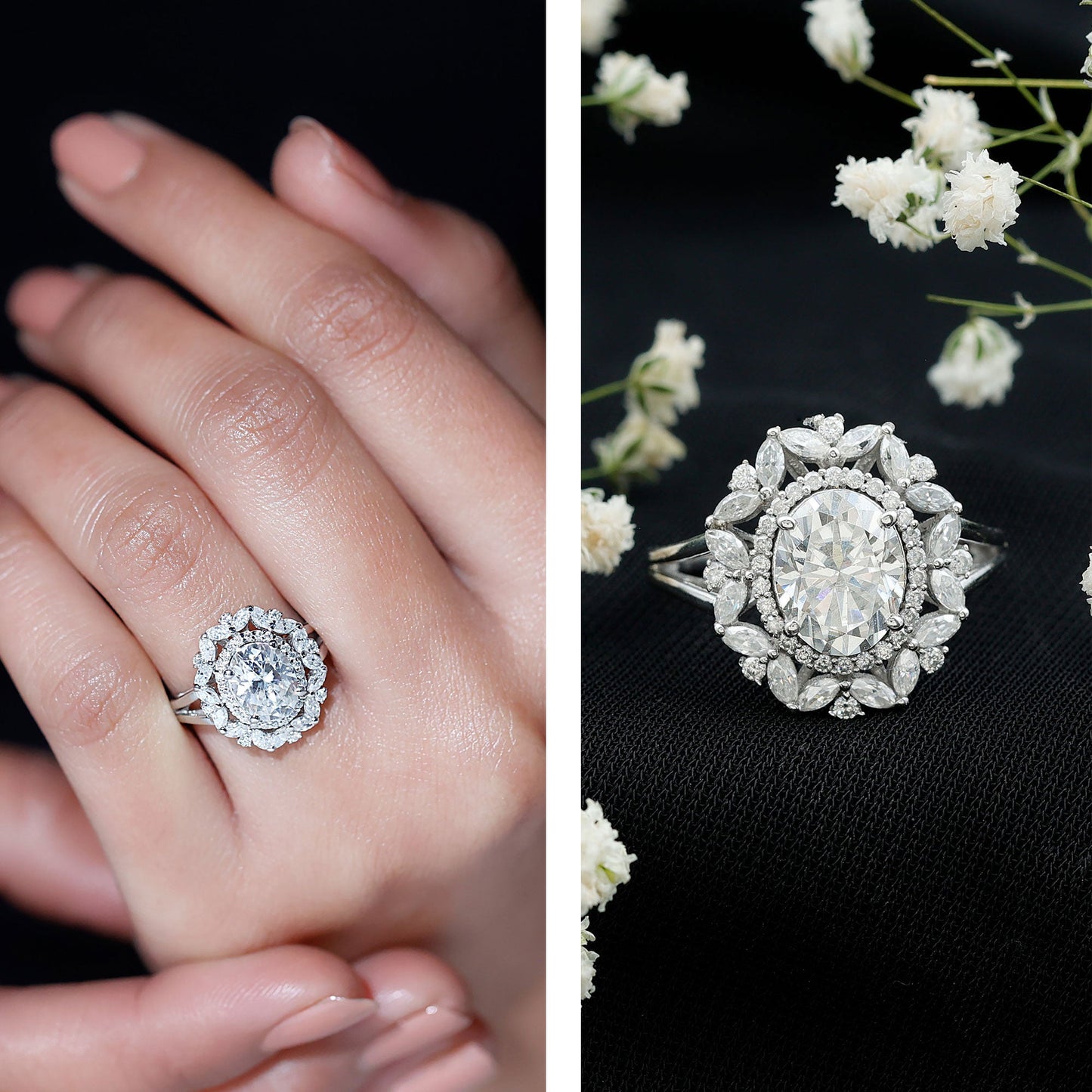 Certified 2 Carat Oval Moissanite Double Halo Engagement Ring