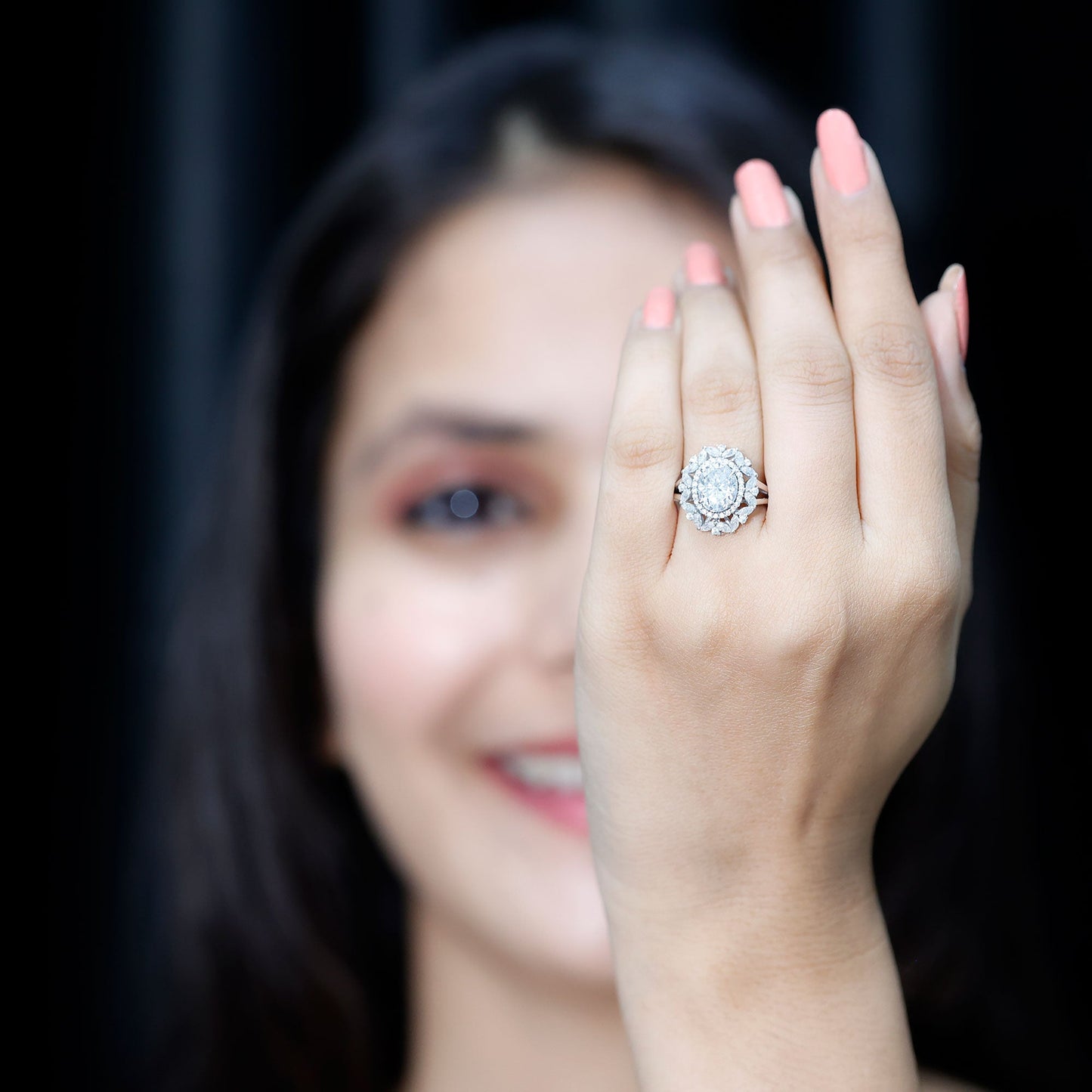 Certified 2 Carat Oval Moissanite Double Halo Engagement Ring